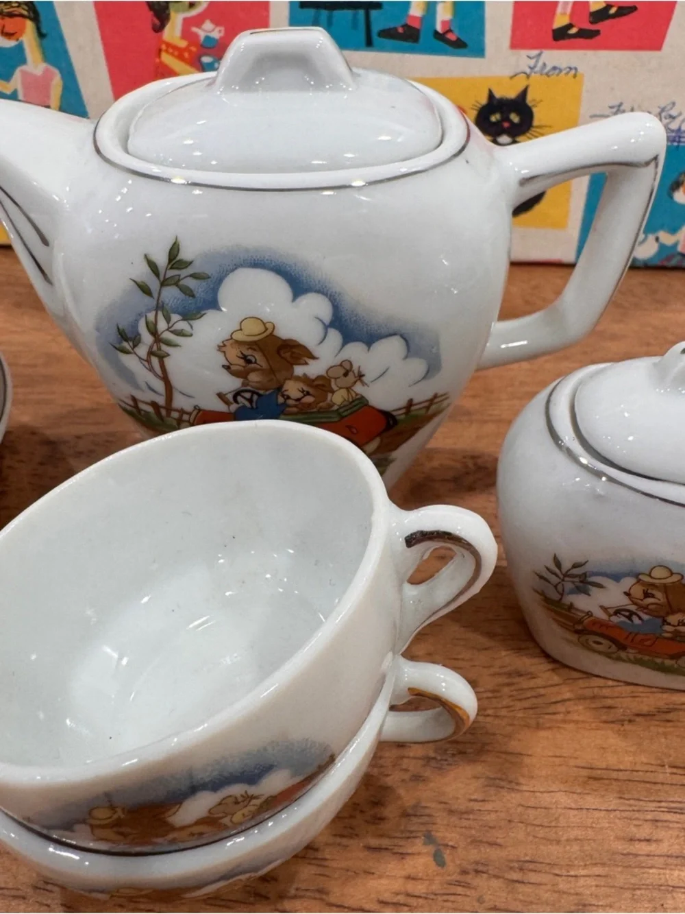 Vintage Children’s Ceramic Tea Set Bunny In A Racecar 13 Piece 1940s New Chip